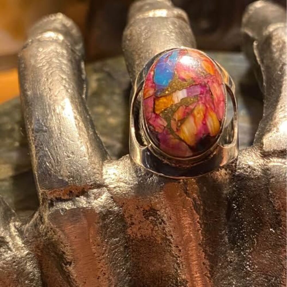 Natural Pink Orange Spiny Oyster Turquoise 925 Sterling Silver Statement Ring 8